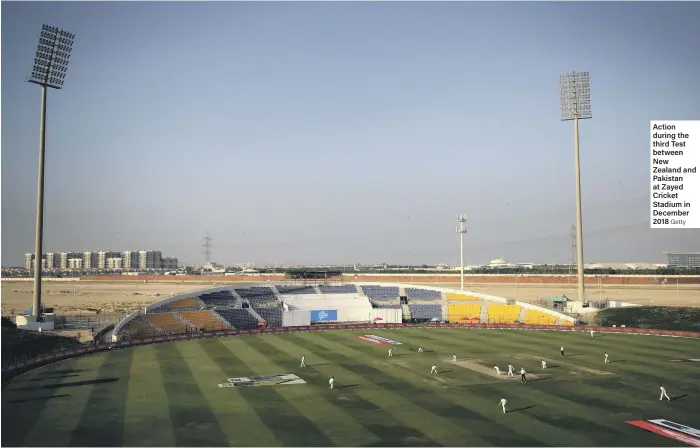  ??  ?? Action during the third Test between New Zealand and Pakistan at Zayed Cricket Stadium in December 2018
