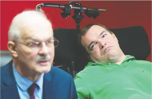  ?? GRAHAM HUGHES / THE CANADIAN PRESS FILES ?? Lawyer Jean-Pierre Ménard and Jean Truchon, who suffers from ALS, attended a news Montreal conference in 2019 after a Quebec judge overturnin­g parts of provincial and federal laws on medically assisted dying.