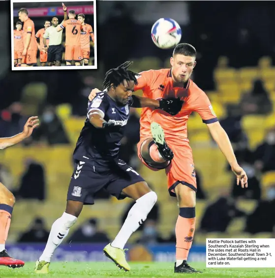  ??  ?? Mattie Pollock battles with Southend’s Kazaiah Sterling when the sides met at Roots Hall in December. Southend beat Town 3-1, with Luke Waterfall getting a red card late on.