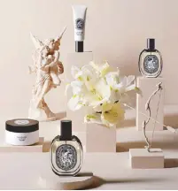  ?? ?? Fresh yet sexy: Diptyque’s Fleur de Peau collection of fragrance, hair mist, body lotion and hand cream