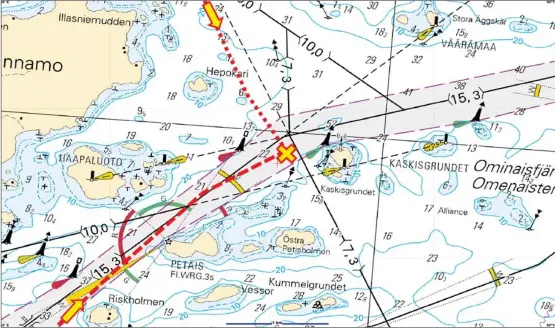  ?? GRÄNSBEVAK­NINGEN ?? OLYCKSPLAT­SEN. Den mindre Sea Hawken var på väg mot sydost då den träffades av en Sea Ray 455:a på väg mot nordost.