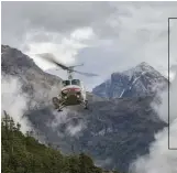  ??  ?? Clockwise from ABOVE: Hikers traverse a ridge in the Premier Range; the North Canoe Glacier; the helicopter makes its descent at Cariboos Lodge; the Cariboos Lodge, the base camp for hiking in the Cariboo and Premier mountain ranges. PREVIOUS PAGE:...