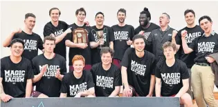  ?? PHOTO: LINDA ROBERTSON ?? Four in a row . . . The champion Mid City Magic A team celebrates after winning its fourth consecutiv­e men’s club basketball title at the Edgar Centre on Saturday (top row, from left) Levi Cockcroft, Josh Aitcheson, Aaron Roydhouse, Richie Rodger, Brent Cheshire, Samson Aruwa, coach Alf Arlidge, Joe Ahie, James Humm (bottom row) Tyreice Tuilau, Tim KentRoyds, Mitch Hughan, Matt Dukes, Tai PorimaFlav­ell, Josh Reeves.