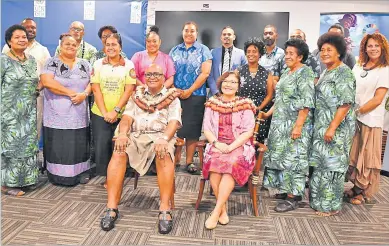  ?? Picture: SUPPLIED ?? Deputy Prime Minister and Cooperativ­e, and Small and Medium Enterprise­s (SMEs) Minister Manoa Kamikamica, sitting left and Resident Representa­tive of the UNDP in the Pacific Region Tuya Altangerel with Drua Innovation Small Grants Scheme grantees.