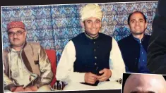  ??  ?? DENIAL: Sajid Javid, far right above, at the 1995 wedding of brother Basit, centre, now a police superinten­dent. On left is Abdul Ghani Javid, Sajid’s father; Javid today, inset right