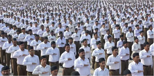  ?? AFP file ?? RSS activists rally at Veterinary College playground in Guwahati, Assam. A spokesman of the ruling BJP’s ideologica­l arm, RSS, Manmohan Vaidya, said: “The true colour of Indian history is saffron and to bring about cultural changes we have to rewrite...