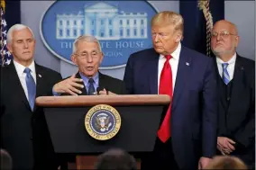  ?? CAROLYN KASTER — THE ASSOCIATED PRESS ?? National Institute for Allergy and Infectious Diseases Director Dr. Anthony Fauci speaks as President Donald Trump and Vice President Mike Pence listen during a briefing about the coronaviru­s in the press briefing room at the White House in Washington in February. At right is Robert Redfield, director of the Centers for Disease Control and Prevention. Fauci has said he isn’t active in organized religion but credited his Jesuit schooling with burnishing the values that drive his public service.