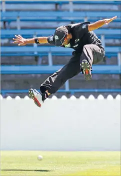  ?? Photos: CHRIS SKELTON/FAIRFAX NZ ?? Hira comes the ball: Black Caps spin bowler Ronnie Hira takes evasive action as the ball is hit towards him during a training session at the Basin Reserve for tonight's Twenty20 match against South Africa at Westpac Stadium. What: New Zealand v South...