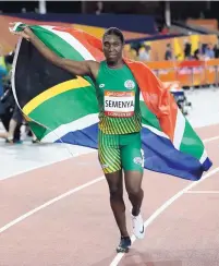  ?? DITA ALANGKARA/ASSOCIATED PRESS ?? South Africa’s Caster Semenya celebrates winning gold in the women’s 800-meter final during the Commonweal­th Games in April. She is involved in a landmark case that began Monday.