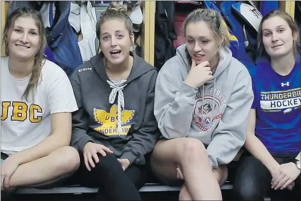  ??  ?? Kirsten Toth, second from left, created the video Stupid Questions Female Hockey Players Get Asked for the UBC women’s hockey team.