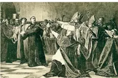  ?? FOTO: THE PRINT COLLECTOR/HERITAGE IMAGES ?? Luther verteidigt seine Ansichten gegenüber der Elite des Reichs und den Bischöfen, eine Darstellun­g von 1890.