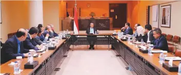  ?? Courtesy: Saba ?? Yemeni Prime Minister Ahmad Obaid Bin Daghr (centre) heads a cabinet meeting in Riyadh. Three-quarters of Yemen’s population requires aid and 8.4 million are facing starvation.