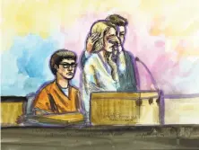  ?? Vicki Behringer / Special to The Chronicle ?? A sketch shows Matthew Muller (left) listening to emotional statements from victims Denise Huskins and Aaron Quinn.