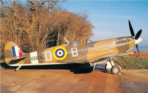  ?? (Photo courtesy of author.) ?? This Mk. VC Spitfire sports the colors of the famous RAF wing commander, Sir Douglas Bader’s aircraft. This well-known legless hero of the Battle of Britain was shot down over France in mid-1941 and taken prisoner. One of his wooden legs was lost when he parachuted, but the Germans allowed him to have a pair of good ones parachuted to him during a bombing raid. Although he tried to escape many times, he remained a captive until the end of the war, as is well documented in the 1956 movie, Reach for the Sky.
