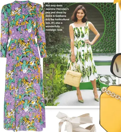  ??  ?? Not only does Jasmine Hemsley’s pea pod dress by Dolce & Gabbana tick the horticultu­ral box, it’s also a wonderfull­y nostalgic look