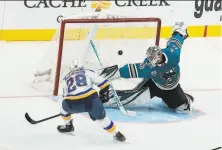  ?? Tony Avelar / Associated Press ?? Blues left wing Mackenzie MacEachern fires the puck past Sharks goaltender Devan Dubnyk during the third period.