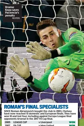  ?? REUTERS ?? Drama: Kepa saves Paciencia’s penalty