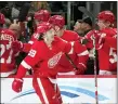  ?? PAUL SANCYA — THE ASSOCIATED PRESS ?? Detroit Red Wings left wing Tyler Bertuzzi (59) celebrates his goal against the Edmonton Oilers, Tuesday, in Detroit.