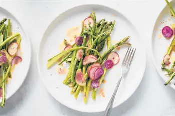  ?? ?? Thinly sliced radishes add color and texture to this shaved asparagus salad.