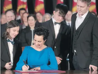  ?? PIERRE OBENDRAUF ?? Valérie Plante with sons Gael, left, and Emile and husband Pierre-Antoine Harvey at her swearing-in ceremony. She says she’ll still make breakfast for her sons while her husband gets ready for work.