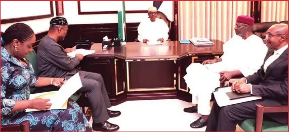  ??  ?? President Muhammadu Buhari (centre), when he met with his economic team, starting from left: Minister of Finance, Mrs. Kemi Adeosun; Minister of Budget and National Planning, Senator Udoma Udo Udoma; the president’s Chief of Staff, Mr. Abba Kyari; and...