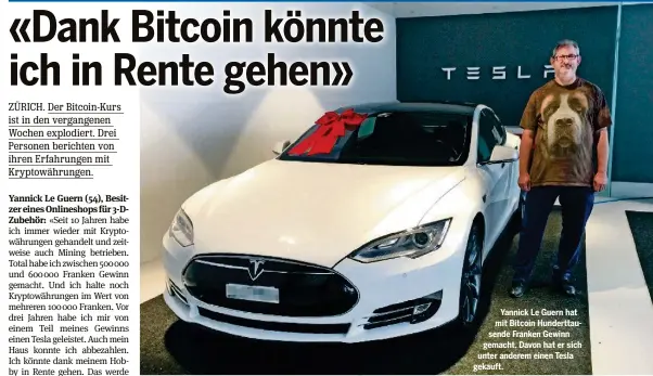  ??  ?? Yannick Le Guern hat mit Bitcoin Hunderttau­sende Franken Gewinn gemacht. Davon hat er sich unter anderem einen Tesla gekauft.