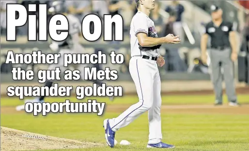  ?? AP ?? MAYDAY! Mets reliever Trevor May surrendere­d a two-run homer to Yankees slugger Aaron Judge in the eighth inning on Saturday night at Citi Field. With the Mets six outs from victory against their crosstown rivals, May failed to record even one as he took the loss.
