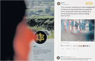  ?? AFP ?? A person reads a tweet on the Twitter account of the Israeli military suggesting that a photo they distribute­d shows journalist­s being willingly used as human shields by Palestinia­n demonstrat­ors during recent protests in Jerusalem.