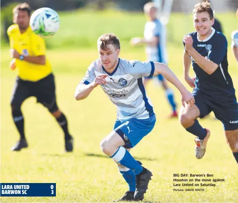  ?? Picture: DAVID SMITH ?? BIG DAY: Barwon’s Ben Houston on the move against Lara United on Saturday.