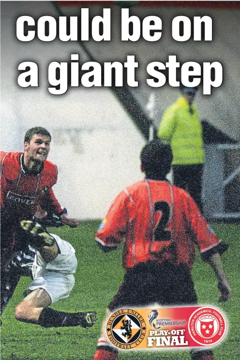  ??  ?? danger against Partick Thistle in the Bell’s Premier/1st Division Play-Off Final second leg at Tannadice in 1996.