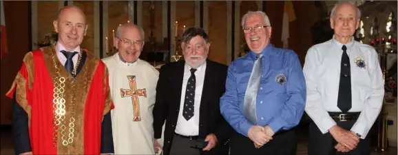  ??  ?? Medal recipient Fergus Wickham with Fr Michael O’Shea, Cllr Frank Staples, Mayor of Wexford; Padge Reck and Jack Higginboth­am, Friends of the Tall Ships.