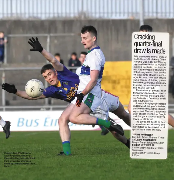  ??  ?? Dingle’s Tom O’Sullivan in action against East Kerry’s Ronan Buckley in Austin Stack Park on Sunday afternoon Photo by Domnick Walsh / Eye Focus