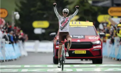  ?? Photograph: Christophe Petit-Tesson/EPA ?? Ben O’Connor of AG2R-Citroën celebrates as he crosses the finish line in Tignes to win the ninth stage of the Tour.