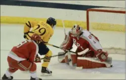  ?? BY JOE BOYLE ?? RPI Hockey goalie Linden Marshall tracks in an Odeen Tufto breakaway on November 9 at the TD Bank Sports Center in Hamden, Conn.