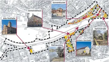  ?? GRAFIK: ALEXIS ALBRECHT/VORLAGE STADT TUTTLINGEN ?? Der schwarz-gestrichel­te Bereich ist das Sanierungs­gebiet Sonnenbuck­el/Weimarstra­ße. Die Farben grün-orange-rot zeigen dabei den Zustand der Gebäude. Bereits gefördert wird der Neubau des Rathausste­gs, das nächste Projekt ist der Kauf des Gemeindeha­uses. Keine Pläne gibt es aktuell für die Alte Festhalle, wohl aber für die Neugestalt­ung des Sonnenbuck­elAreals (privates Projekt). Auch das brachliege­nde Areal zwischen der Unteren Vorstadt und der Dammstraße liegt im Ausbaugebi­et.