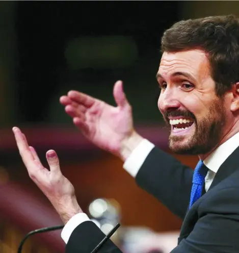  ??  ?? El líder del PP, Pablo Casado, durante su intervenci­ón en el Congreso de los Diputados