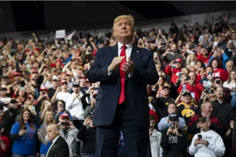  ?? ?? FILE - President Donald Trump arrives to speak at a campaign rally at the Knapp Center on the campus of Drake University, Jan. 30, 2020, in Des Moines, Iowa. Republican presidenti­al prospects are streaming into Iowa, the leadoff presidenti­al caucus state. Notably absent from the lineup, at least for now, is former President Donald Trump who carried the state twice, by healthy margins, as the Republican presidenti­al nominee in the 2016and 2020electi­ons. (AP Photo/ Evan Vucci, File)