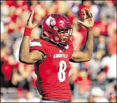  ?? ANDY LYONS / GETTY IMAGES ?? Self-effacing off the field, quarterbac­k Lamar Jackson has been known to express himself during games for 9-3 Louisville.