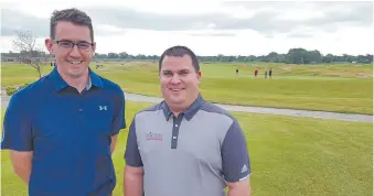  ??  ?? ALMOST TIME FOR TEE – Amyassador dolf Cluy is ready to host the Windsor Championsh­ip. The tournament and related events runs from July 2-8th. Here, cluy pro Ryan Royillard (left) and director of golf operations Adam Wagner survey the grounds as the...