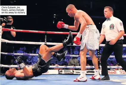  ??  ?? Chris Eubank Jnr floors James DeGale on his away to victory