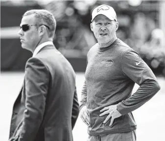  ?? Jeff Zelevansky / Getty Images ?? General manager Brandon Beane, left, and coach Sean McDermott have brought stability to the Bills organizati­on and have led the team to the playoffs in two of the last three seasons.