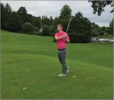  ??  ?? Kevin Lord watches as his tee shot takes flight during the first leg of the Barton Cup final against Tullamore Golf Club last Saturday.