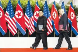  ?? ANTHONY WALLACE/POOL VIA THE NEW YORK TIMES ?? President Donald Trump and Kim Jong Un of North Korea leave a document-signing ceremony in Singapore.