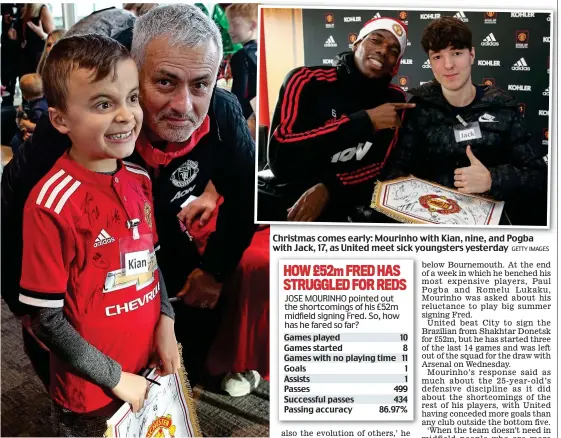  ??  ?? Christmas comes early: Mourinho with Kian, nine, and Pogba with Jack, 17, as United meet sick youngsters yesterday GETTY IMAGES