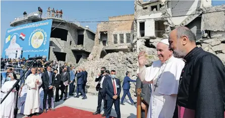  ?? | Reuters ?? POPE Francis attends a prayer for war victims at ‘Hosh al-Bieaa’, Church Square, in Mosul’s Old City, Iraq, yesterday.
