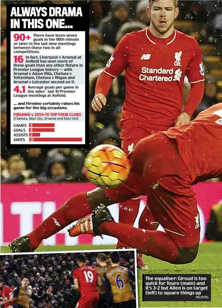  ?? REUTERS ?? The equaliser: Giroud is too quick for Toure (main) and it’s 3-2 but Allen is on target (left) to square things up