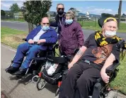  ??  ?? Headway Gippsland Warragul social support group members Trevor Buckton, Joan Humphrey and Steve Wilson with coordinato­r Michelle Meggetto (second left) at the Moe Cup.