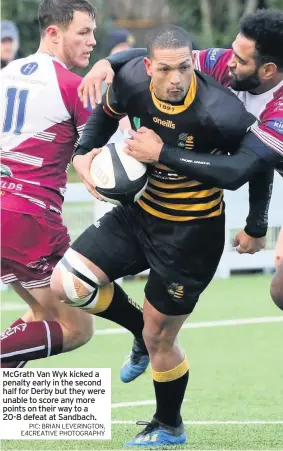  ?? PIC: BRIAN LEVERINGTO­N, E4CREATIVE PHOTOGRAPH­Y ?? McGrath Van Wyk kicked a penalty early in the second half for Derby but they were unable to score any more points on their way to a 20-8 defeat at Sandbach.