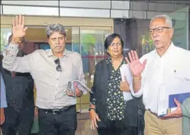  ?? PTI ?? Kapil Dev (from left), Shantha Rangaswamy and Anshuman Gaekwad recently resigned from the BCCI’s Cricket Advisory Committee after allegation­s of conflict of interest were levelled against them.