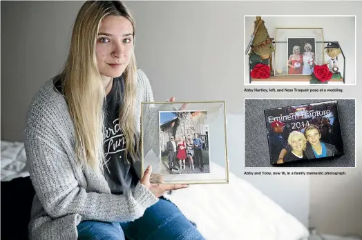  ?? CHRISTEL YARDLEY/STUFF ?? Life’s been turned upside down for the Hartley family since mum Abby fell ill in Bali. Daughter Sophie holds a family picture. Abby Hartley, left, and Ness Traquair pose at a wedding. Abby and Toby, now 16, in a family memento photograph.